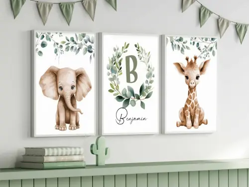 kit 3 quadro decorativo bebe infantil decor quarto infantil menino animais com molduras
