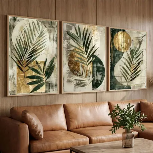 kit 3 quadro decorativo boho folhas verdes galhos verdes sala quarto decor pousada casa com molduras