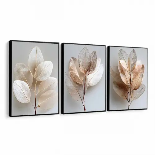 kit 3 quadro decorativo flores claras folhas tons pastéis decor casa sala quarto com molduras