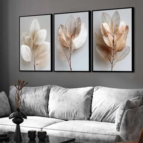 kit 3 quadro decorativo flores claras folhas tons pastéis decor 