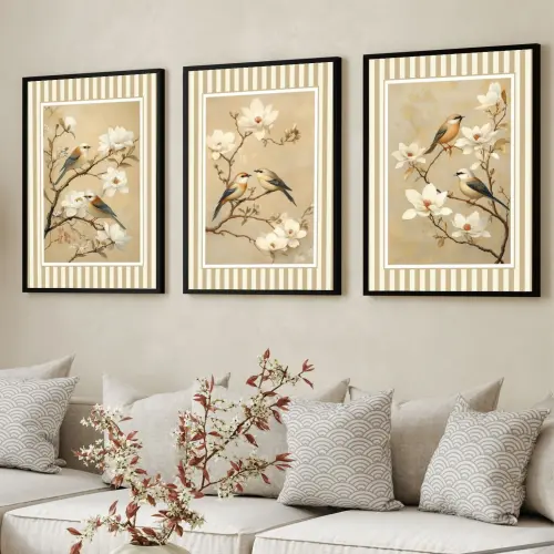 kit 3 quadro decorativo passarinhos galhos pássaros sala decor casa com molduras retro