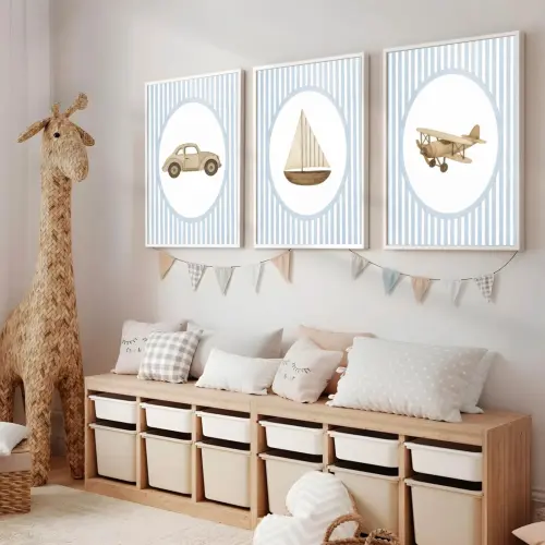 kit 3 quadro decorativo bebe infantil decor quarto infantil avião aviãozinho carro menino com molduras