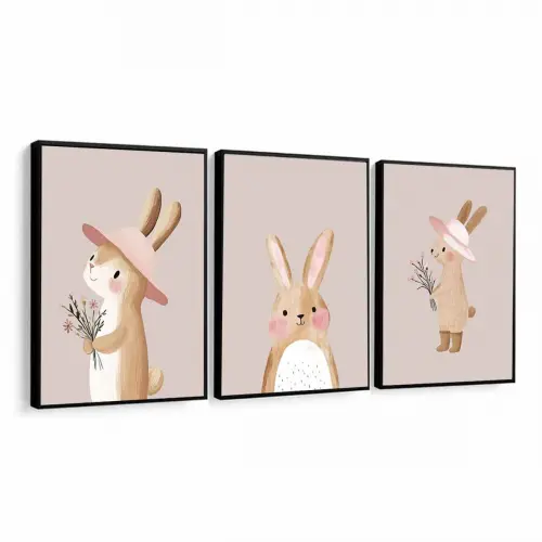 kit 3 quadro decorativo bebe infantil menina decor quarto infantil coelhinho com molduras