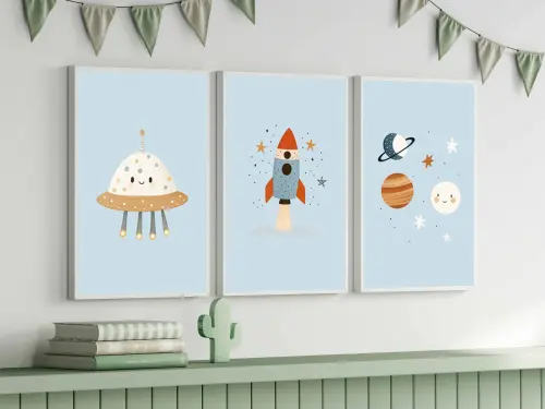kit 3 quadro decorativo bebe infantil decor quarto infantil astronauta planetas menino com molduras