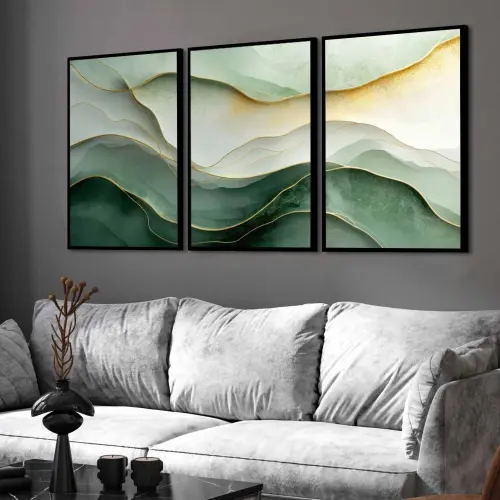 kit 3 quadro decorativo abstrato verde dourado gold sala quarto d