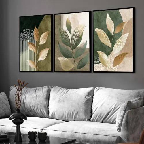 kit 3 quadro decorativo folhas verdes bege galhos verdes sala quarto decor pousada casa molduras