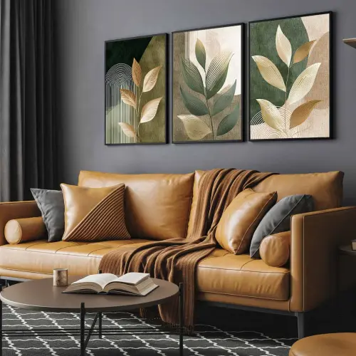 kit 3 quadro decorativo folhas verdes bege galhos verdes sala qua