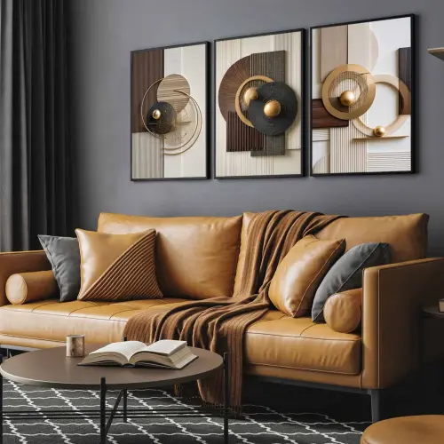 kit 3 quadro decorativo abstrato marrom gold claro minimalista  sala decor casa com molduras