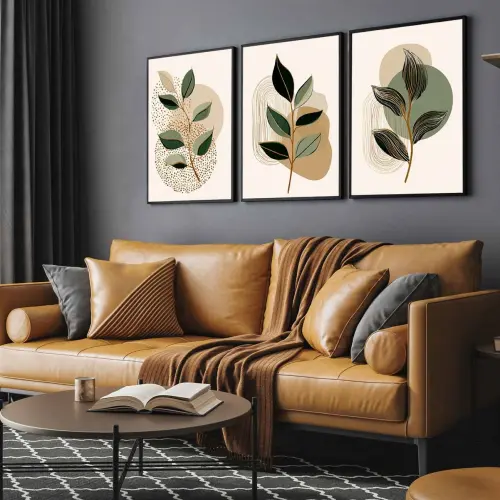 kit 3 quadro decorativo folhas verdes bege trio galhos verdes sala quarto decor pousada casa molduras