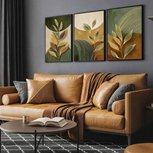 kit 3 quadro decorativo abstrato verde folhas secas galhos sala quarto decor pousada casa molduras