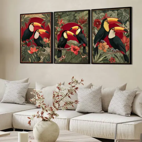 kit 3 quadro decorativo tucanos pássaros galhos sala quarto deco