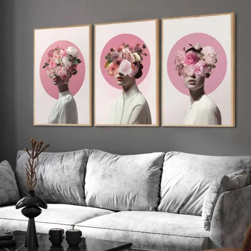 kit 3 quadro decorativo mulheres floridas fashion decor salão de beleza com molduras