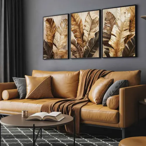kit 3 quadro decorativo bananeira folhas de bananeira galhos luxo decor sala escritório com molduras
