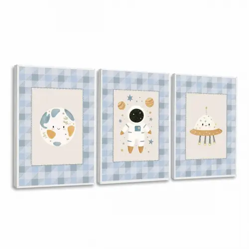 kit 3 quadro decorativo bebe infantil decor quarto infantil planetas astronauta menino molduras