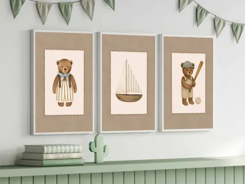 kit 3 quadro decorativo bebe infantil decor quarto infantil barco ursinho menino molduras