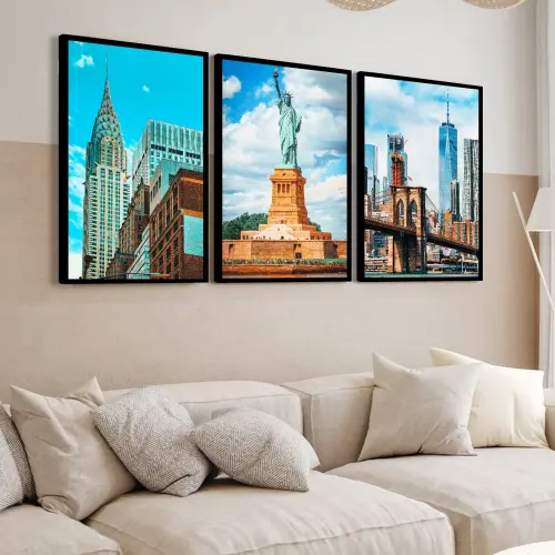kit 3 quadro decorativo estátua da liberdade Ponte do Brooklyn r