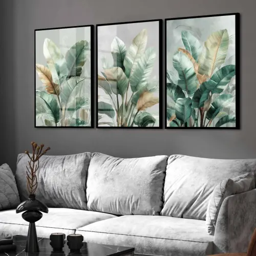 kit 3 quadro decorativo folhas verdes galhos de bananeira sala quarto decor casa minimalista molduras