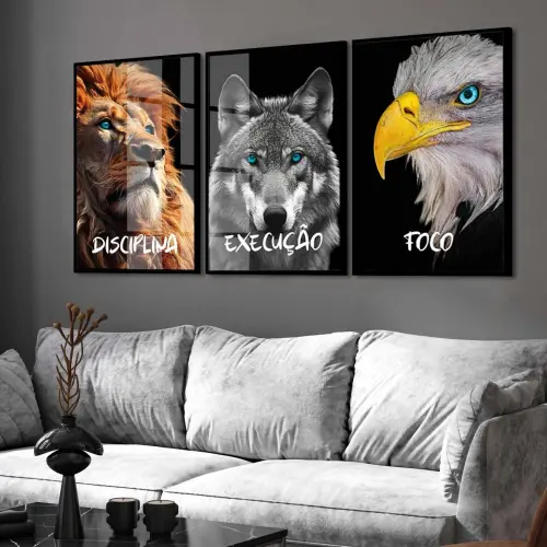 kit 3 quadro decorativo motivacional águia leão lobo empresa disciplina foco execução decor sala escritório com molduras
