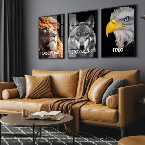 kit 3 quadro decorativo motivacional águia leão lobo empresa di