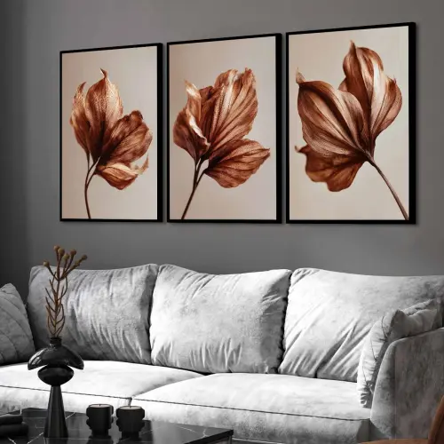kit 3 quadro decorativo folhas tons quentes abstrato marrom gold  sala decor hall da casa com molduras
