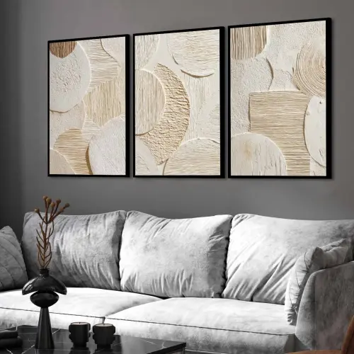 kit 3 quadro decorativo abstrato bege minimalista sala quarto decor casa  molduras