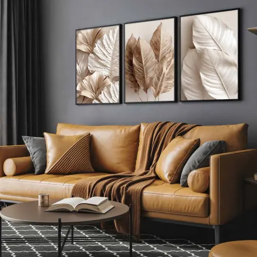 kit 3 quadro decorativo bananeira folhas de bananeira gold galhos luxo decor sala escritório com molduras