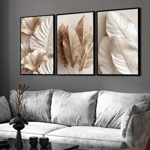kit 3 quadro decorativo bananeira folhas de bananeira gold galhos