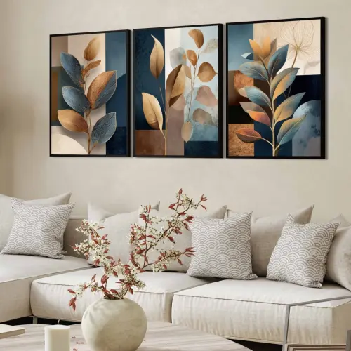 kit 3 quadro decorativo galhos folhas coloridas gold luxo decor s