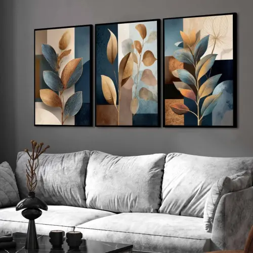 kit 3 quadro decorativo galhos folhas coloridas gold luxo decor sala escritório com molduras