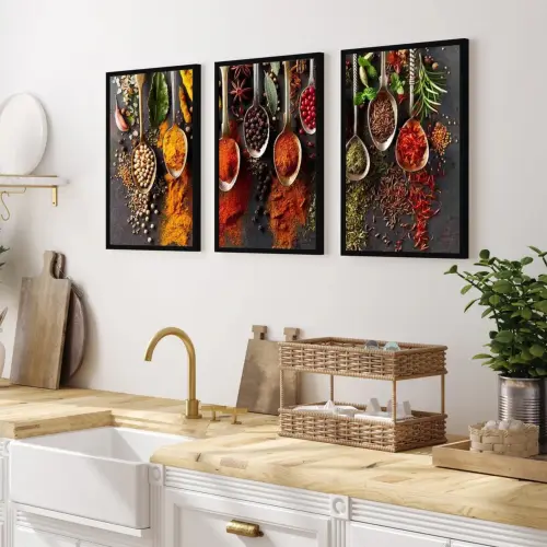 kit 3 quadro decorativo para cozinha temperos de comida chefe de cozinha alimentos com molduras