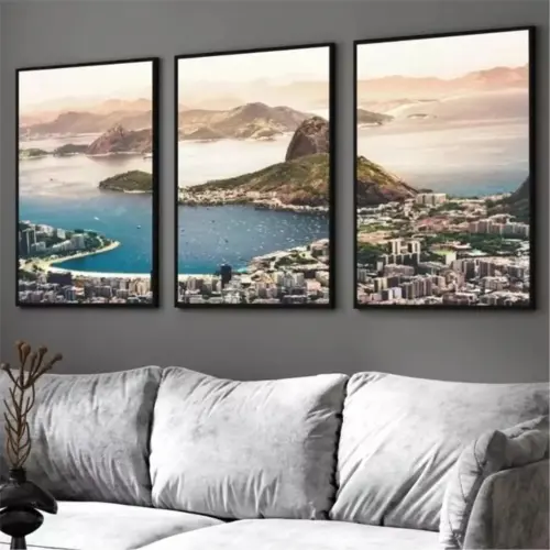 kit 3 quadro decorativo rio de janeiro praia baia de guanabara quarto sala hall de entrada carioca com molduras