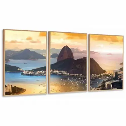kit 3 quadro decorativo rio de janeiro praia baia de guanabara po
