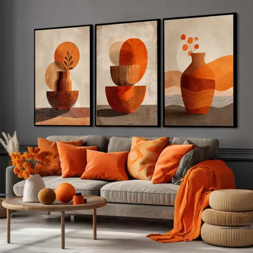 kit 3 quadro decorativo abstrato terracota colorido tons terrosos sala decor casa com molduras