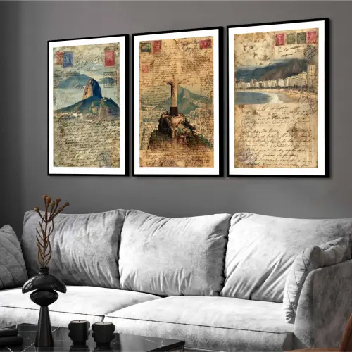 kit 3 quadro decorativo rio de janeiro baia de guanabara praia re