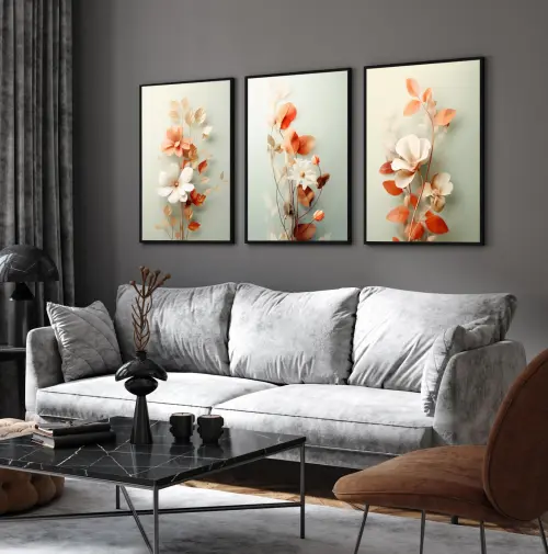 kit 3 quadro decorativo flores claras folhas tons claros decor ca