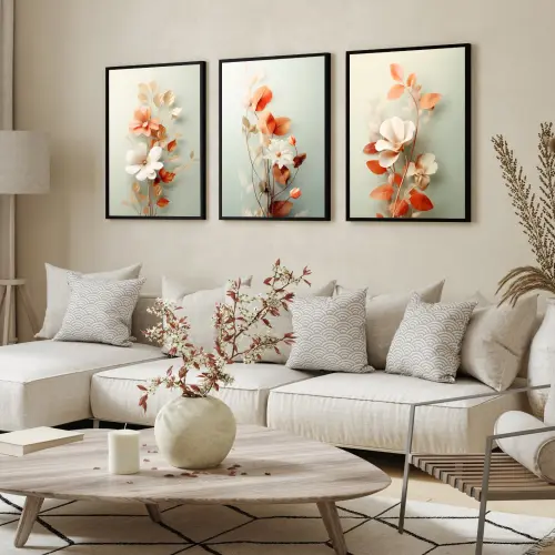 kit 3 quadro decorativo flores claras folhas tons claros decor casa sala quarto com molduras