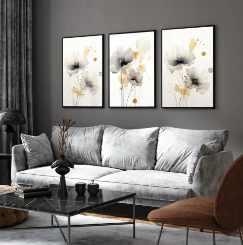 kit 3 quadro decorativo flores claras folhas tons claros decor casa sala quarto  molduras
