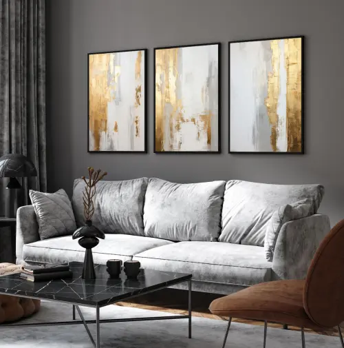 kit 3 quadro decorativo abstrato dourado cinza gold ouro minimalista sala decor casa luxo com molduras