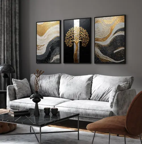 kit 3 quadro decorativo abstrato dourado árvore dourada gold ouro minimalista sala decor casa luxo com molduras