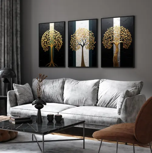 kit 3 quadro decorativo abstrato dourado árvore dourada gold trio ouro minimalista sala decor casa luxo com molduras