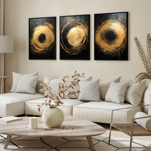 kit 3 quadro decorativo abstrato dourado círculo gold ouro minimalista sala decor casa luxo com molduras