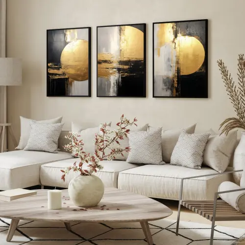 kit 3 quadro decorativo abstrato dourado tons dourados gold ouro minimalista sala decor casa luxo com molduras
