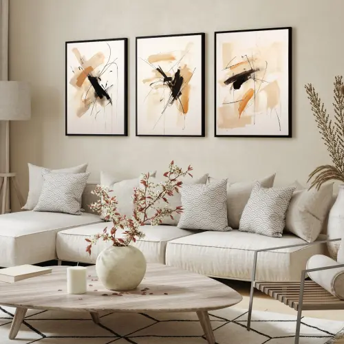 kit 3 quadro decorativo abstrato bege claro minimalista  sala decor casa luxo com molduras