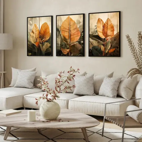 kit 3 quadro decorativo abstrato laranja folhas gold colorido luxo decor sala escritório com molduras