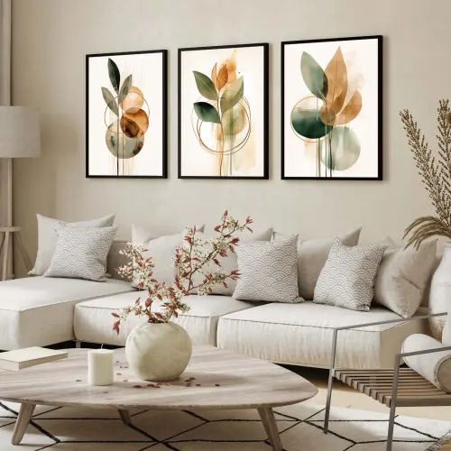 kit 3 quadro decorativo galhos folhas  gold galhos verdes luxo decor sala escritório com molduras