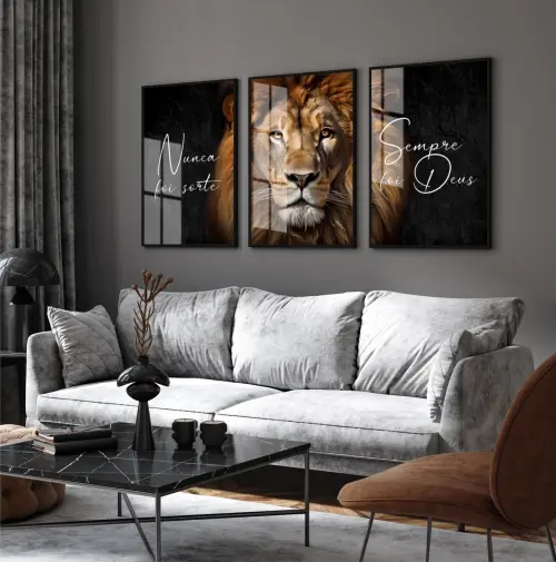 kit 3 quadro decorativo leão marrom deus leão de juda frase nun