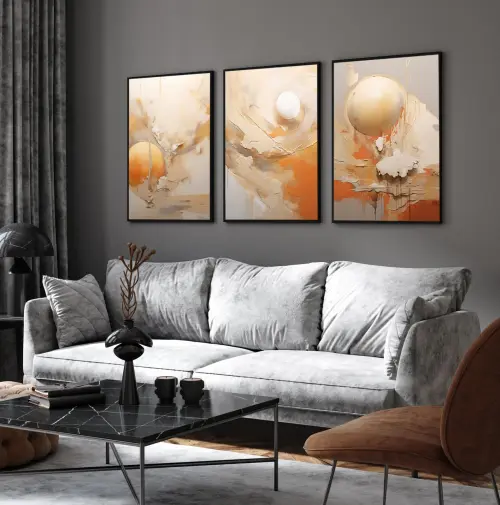 kit 3 quadro decorativo abstrato laranja gold luxo decor sala escritório com molduras