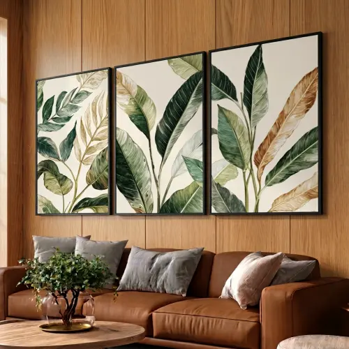 kit 3 quadro decorativo folhas verdes galhos de bananeira sala quarto decor casa minimalista molduras