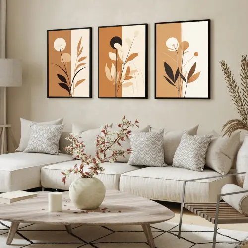 kit 3 quadro decorativo abstrato laranja gold folhas trio luxo de