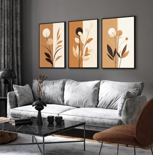 kit 3 quadro decorativo abstrato laranja gold folhas trio luxo decor sala escritório com molduras